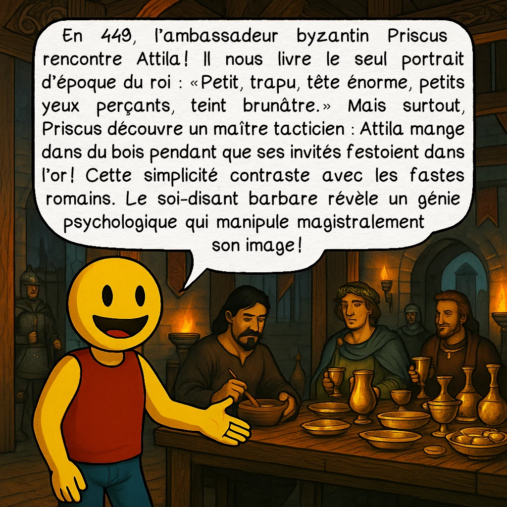 Attila, case 4 : En 449, l’ambassadeur byzantin Priscus rencontre Attila ! Il nous livre le seul portrait d’époque du roi : « Petit, trapu, tête énorme, petits yeux perçants, teint brunâtre. » Mais surtout, Priscus découvre un maître tacticien : Attila mange dans du bois pendant que ses invités festoient dans l’or ! Cette simplicité contraste avec les fastes romains. Le soi-disant barbare révèle un génie psychologique qui manipule magistralement son image !