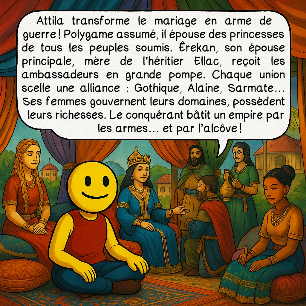 Attila, case 5 : Attila transforme le mariage en arme de guerre ! Polygame assumé, il épouse des princesses de tous les peuples soumis. Êrekan, son épouse principale, mère de l’héritier Ellac, reçoit les ambassadeurs en grande pompe. Chaque union scelle une alliance : Gothique, Alaine, Sarmate… Ses femmes gouvernent leurs domaines, possèdent leurs richesses. Le conquérant bâtit un empire par les armes… et par l’alcôve !