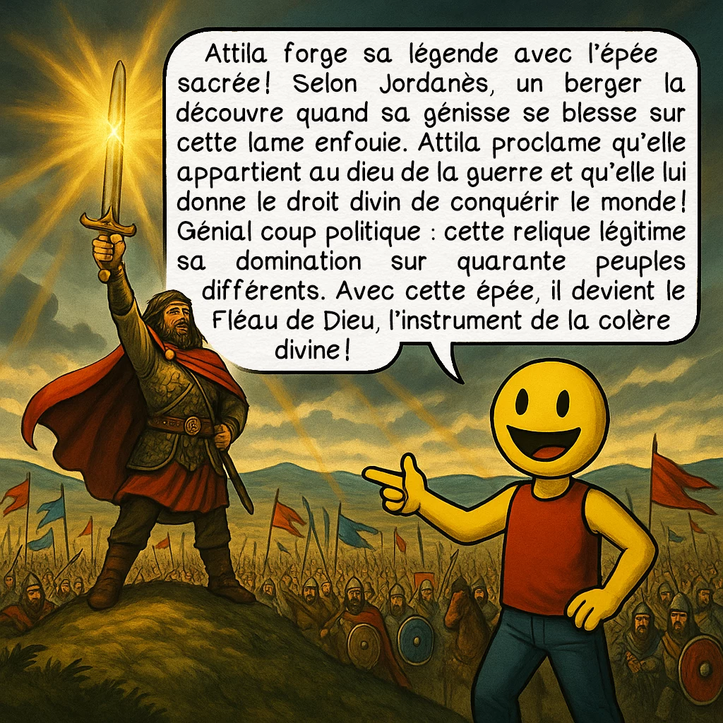 Attila, case 6 : Attila forge sa légende avec l’épée sacrée ! Selon Jordanès, un berger la découvre quand sa génisse se blesse sur cette lame enfouie. Attila proclame qu’elle appartient au dieu de la guerre et qu’elle lui donne le droit divin de conquérir le monde ! Génial coup politique : cette relique légitime sa domination sur quarante peuples différents. Avec cette épée, il devient le Fléau de Dieu, l’instrument de la colère divine !