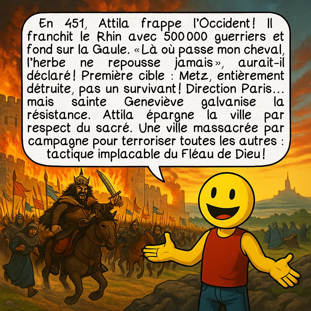 Attila, case 7 : En 451, Attila frappe l’Occident ! Il franchit le Rhin avec 500 000 guerriers et fond sur la Gaule. « Là où passe mon cheval, l’herbe ne repousse jamais », aurait-il déclaré ! Première cible : Metz, entièrement détruite, pas un survivant ! Direction Paris… mais sainte Geneviève galvanise la résistance. Attila épargne la ville par respect du sacré. Une ville massacrée par campagne pour terroriser toutes les autres : tactique implacable du Fléau de Dieu !