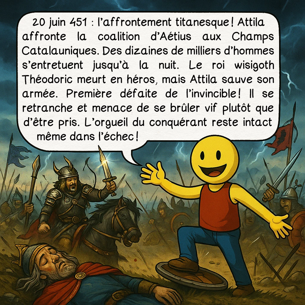 Attila, case 8 : 20 juin 451 : l’affrontement titanesque ! Attila affronte la coalition d’Aétius aux Champs Catalauniques. Des dizaines de milliers d’hommes s’entretuent jusqu’à la nuit. Le roi wisigoth Théodoric meurt en héros, mais Attila sauve son armée. Première défaite de l’invincible ! Il se retranche et menace de se brûler vif plutôt que d’être pris. L’orgueil du conquérant reste intact même dans l’échec !