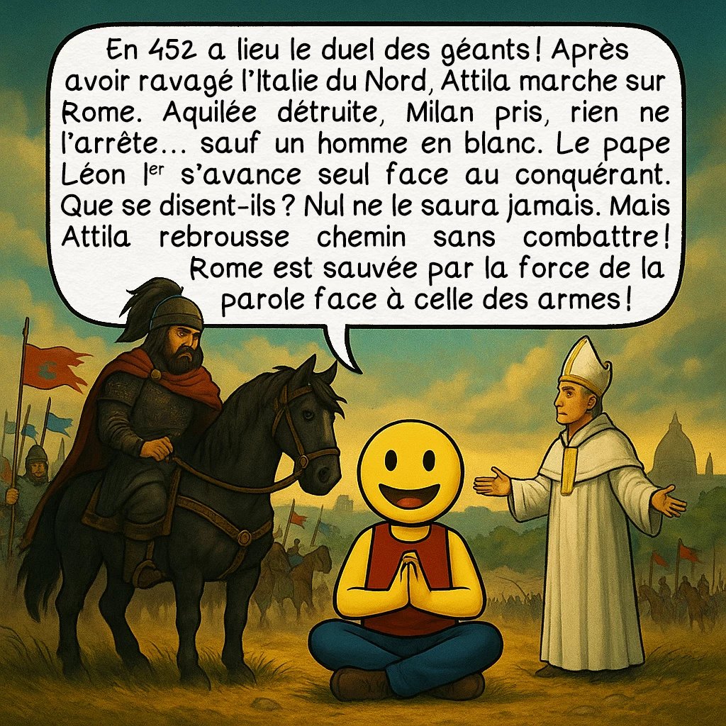 Attila, case 9 : En 452 a lieu le duel des géants ! Après avoir ravagé l’Italie du Nord, Attila marche sur Rome. Aquilée détruite, Milan pris, rien ne l’arrête… sauf un homme en blanc. Le pape Léon Ier s’avance seul face au conquérant. Que se disent-ils ? Nul ne le saura jamais. Mais Attila rebrousse chemin sans combattre ! Rome est sauvée par la force de la parole face à celle des armes !