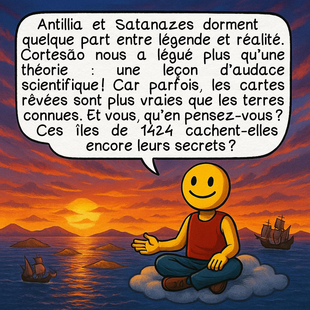 La carte de Pizzigano, case 10 : Antillia et Satanazes dorment quelque part entre légende et réalité. Cortesão nous a légué plus qu’une théorie : une leçon d’audace scientifique ! Car parfois, les cartes rêvées sont plus vraies que les terres connues. Et vous, qu’en pensez-vous ? Ces îles de 1424 cachent-elles encore leurs secrets ?