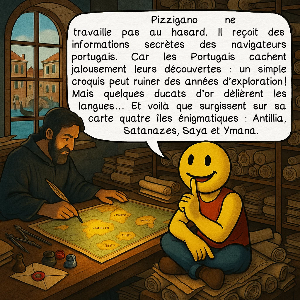 La carte de Pizzigano, case 2 : Pizzigano ne travaille pas au hasard. Il reçoit des informations secrètes des navigateurs portugais. Car les Portugais cachent jalousement leurs découvertes : un simple croquis peut ruiner des années d’exploration ! Mais quelques ducats d’or délièrent les langues… Et voilà que surgissent sur sa carte quatre îles énigmatiques : Antillia, Satanazes, Saya et Ymana.