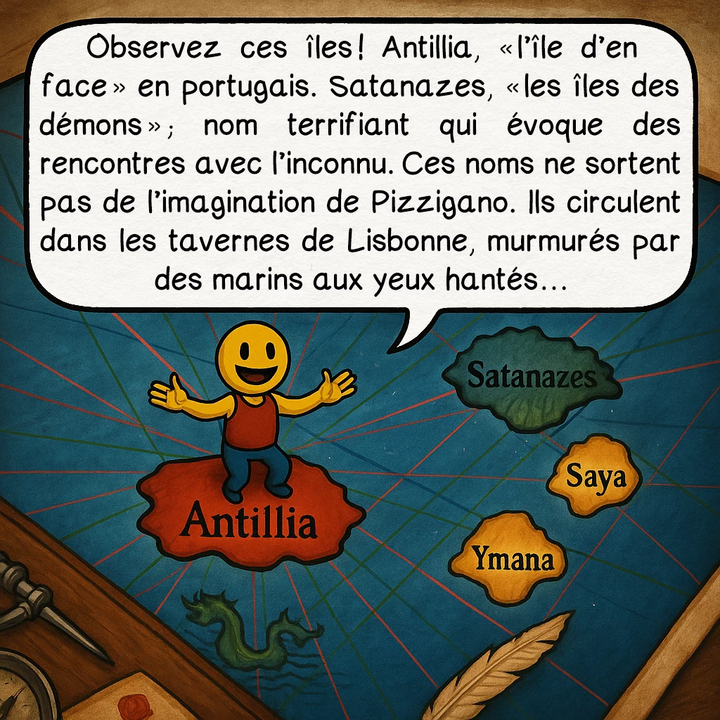 La carte de Pizzigano, case 3 : Observez ces îles ! Antillia, « l’île d’en face » en portugais. Satanazes, « les îles des démons » ; nom terrifiant qui évoque des rencontres avec l’inconnu. Ces noms ne sortent pas de l’imagination de Pizzigano. Ils circulent dans les tavernes de Lisbonne, murmurés par des marins aux yeux hantés…