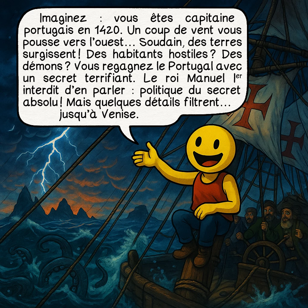 La carte de Pizzigano, case 4 : Imaginez : vous êtes capitaine portugais en 1420. Un coup de vent vous pousse vers l’ouest… Soudain, des terres surgissent ! Des habitants hostiles ? Des démons ? Vous regagnez le Portugal avec un secret terrifiant. Le roi Manuel Ier interdit d’en parler : politique du secret absolu ! Mais quelques détails filtrent… jusqu’à Venise.