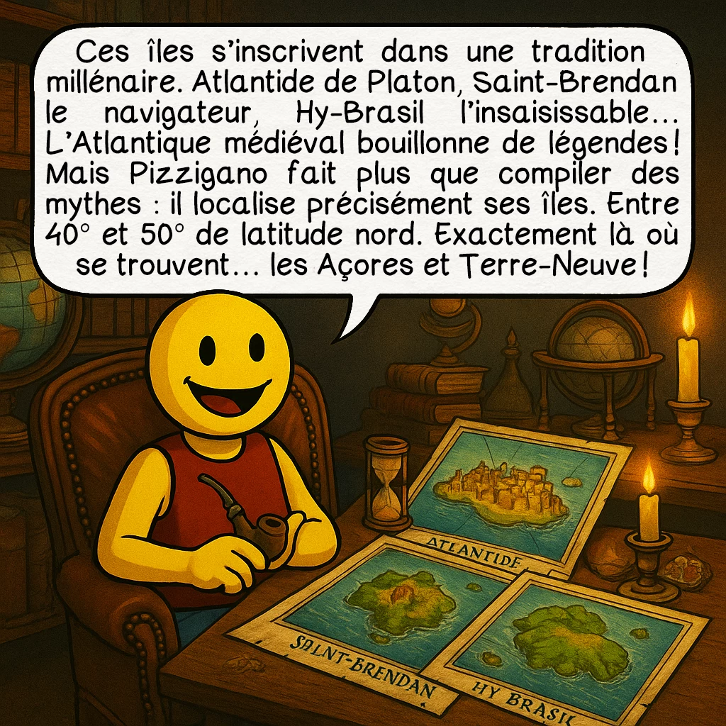 La carte de Pizzigano, case 5 : Ces îles s’inscrivent dans une tradition millénaire. Atlantide de Platon, Saint-Brendan le navigateur, Hy-Brasil l’insaisissable… L’Atlantique médiéval bouillonne de légendes ! Mais Pizzigano fait plus que compiler des mythes : il localise précisément ses îles. Entre 40° et 50° de latitude nord. Exactement là où se trouvent… les Açores et Terre-Neuve !