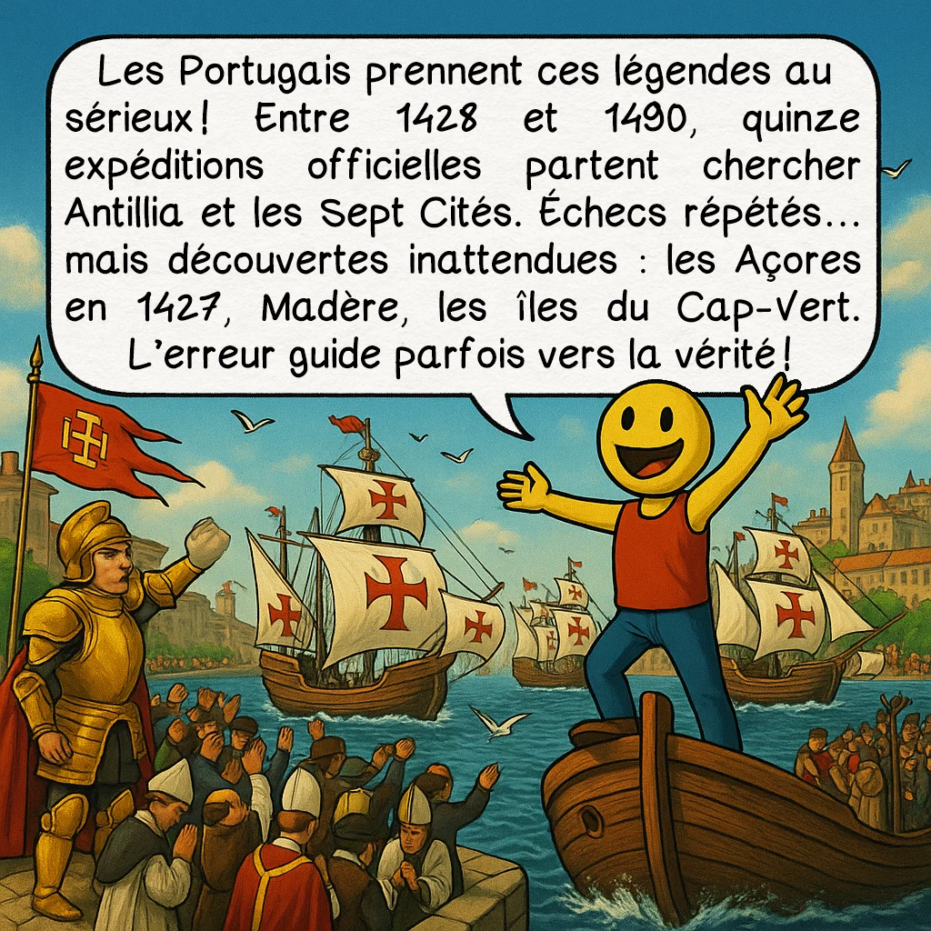 La carte de Pizzigano, case 6 : Les Portugais prennent ces légendes au sérieux ! Entre 1428 et 1490, quinze expéditions officielles partent chercher Antillia et les Sept Cités. Échecs répétés… mais découvertes inattendues : les Açores en 1427, Madère, les îles du Cap-Vert. L’erreur guide parfois vers la vérité !