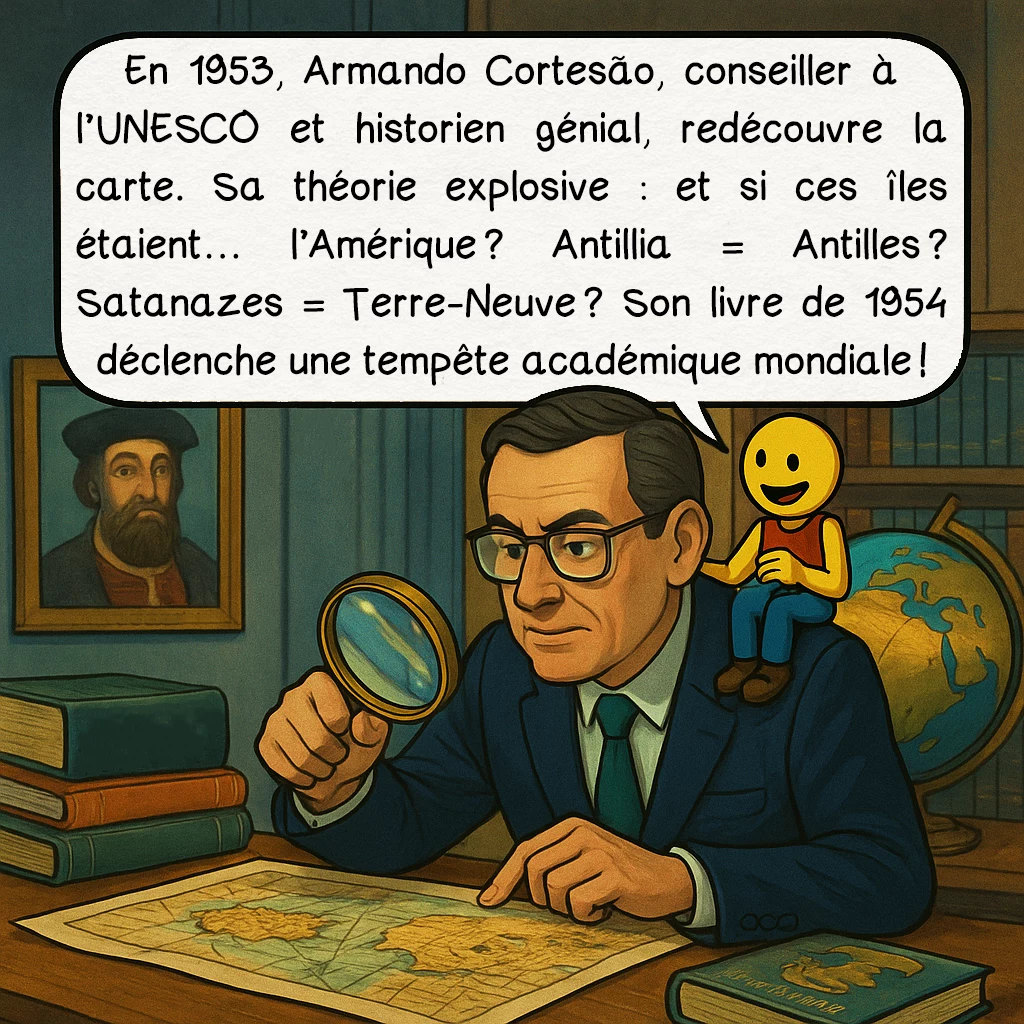 La carte de Pizzigano, case 7 : En 1953, Armando Cortesão, conseiller à l’UNESCO et historien génial, redécouvre la carte. Sa théorie explosive : et si ces îles étaient… l’Amérique ? Antillia = Antilles ? Satanazes = Terre-Neuve ? Son livre de 1954 déclenche une tempête académique mondiale !