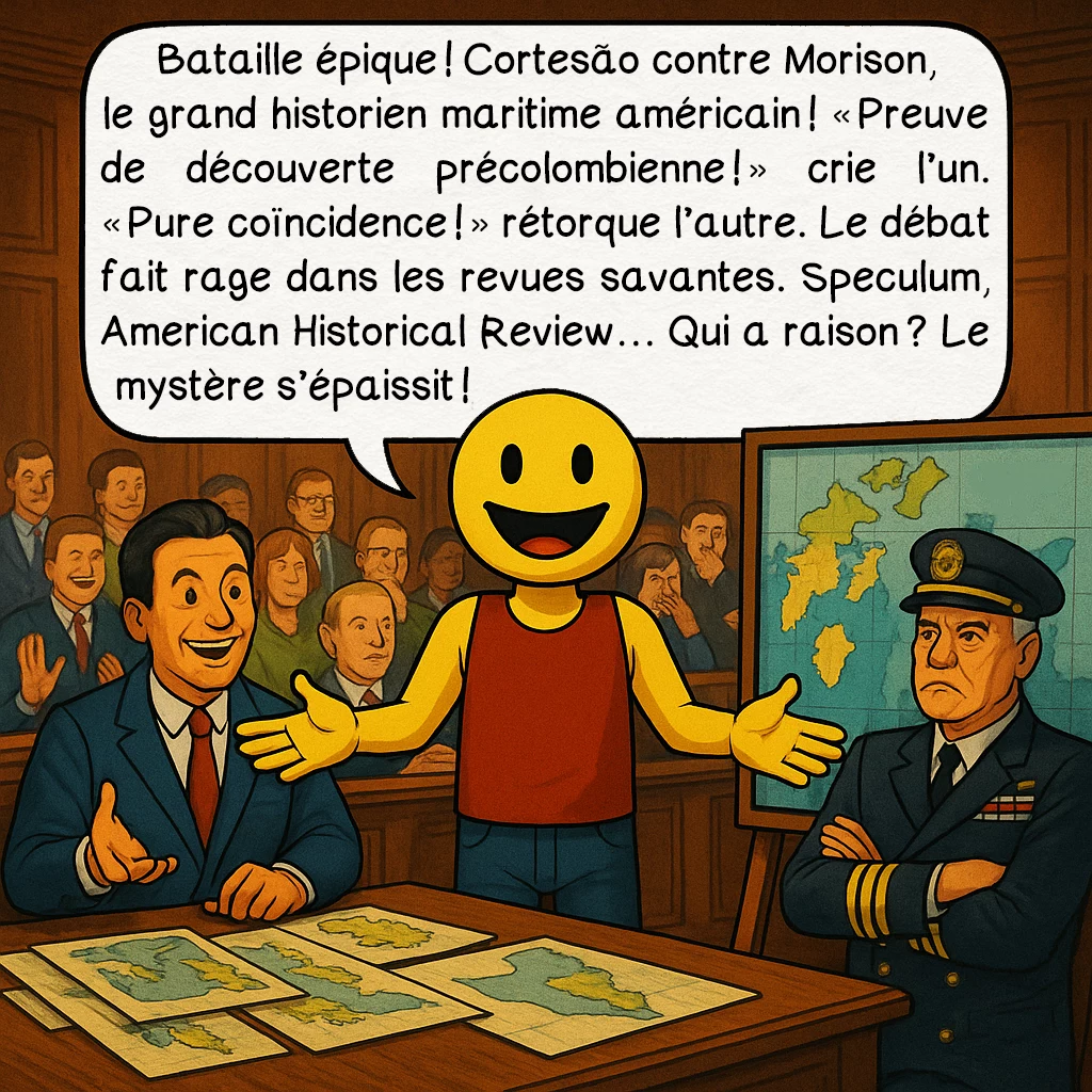 La carte de Pizzigano, case 8 : Bataille épique ! Cortesão contre Morison, le grand historien maritime américain ! « Preuve de découverte précolombienne ! » crie l’un. « Pure coïncidence ! » rétorque l’autre. Le débat fait rage dans les revues savantes. Speculum, American Historical Review… Qui a raison ? Le mystère s’épaissit !