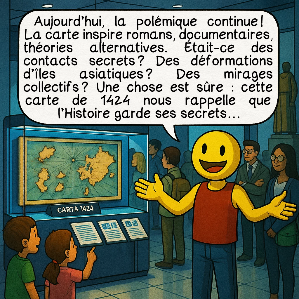 La carte de Pizzigano, case 9 : Aujourd’hui, la polémique continue ! La carte inspire romans, documentaires, théories alternatives. Était-ce des contacts secrets ? Des déformations d’îles asiatiques ? Des mirages collectifs ? Une chose est sûre : cette carte de 1424 nous rappelle que l’Histoire garde ses secrets…