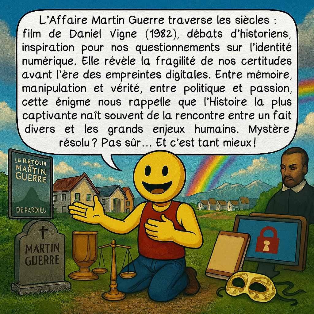 L’affaire Martin Guerre, case 10 : L’Affaire Martin Guerre traverse les siècles : film de Daniel Vigne (1982), débats d’historiens, inspiration pour nos questionnements sur l’identité numérique. Elle révèle la fragilité de nos certitudes avant l’ère des empreintes digitales. Entre mémoire, manipulation et vérité, entre politique et passion, cette énigme nous rappelle que l’Histoire la plus captivante naît souvent de la rencontre entre un fait divers et les grands enjeux humains. Mystère résolu ? Pas sûr… Et c’est tant mieux !