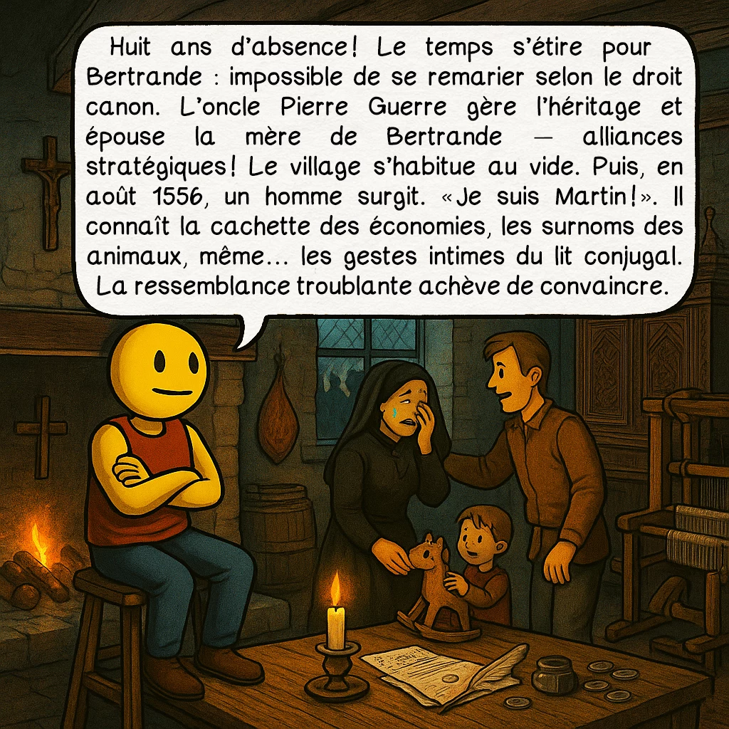 L’affaire Martin Guerre, case 2 : Huit ans d’absence ! Le temps s’étire pour Bertrande : impossible de se remarier selon le droit canon. L’oncle Pierre Guerre gère l’héritage et épouse la mère de Bertrande — alliances stratégiques ! Le village s’habitue au vide. Puis, août 1556 : un homme surgit. « Je suis Martin ! » Il connaît la cachette des économies, les surnoms des animaux, même… les gestes intimes du lit conjugal. La ressemblance troublante achève de convaincre.
