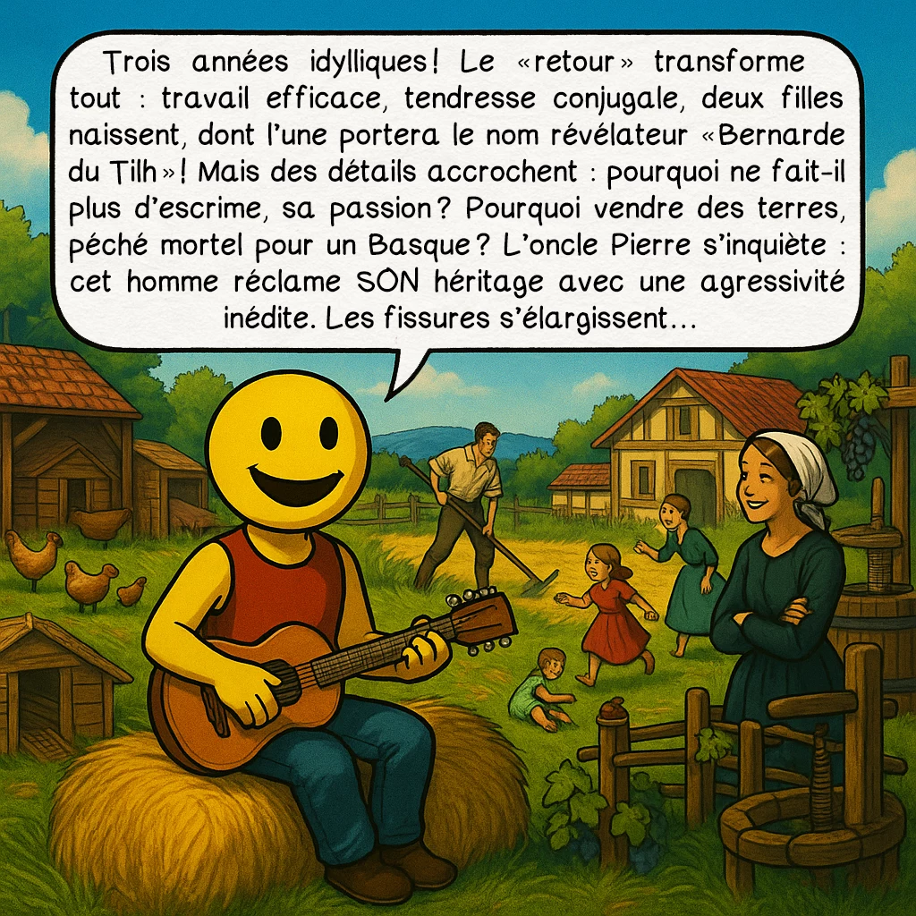 L’affaire Martin Guerre, case 3 : Trois années idylliques ! Le « retour » transforme tout : travail efficace, tendresse conjugale, deux filles naissent — dont l’une portera le nom révélateur « Bernarde du Tilh » ! Mais des détails accrochent : pourquoi ne fait-il plus d’escrime, sa passion ? Pourquoi vendre des terres — péché mortel pour un Basque ? L’oncle Pierre s’inquiète : cet homme réclame SON héritage avec une agressivité inédite. Les fissures s’élargissent…