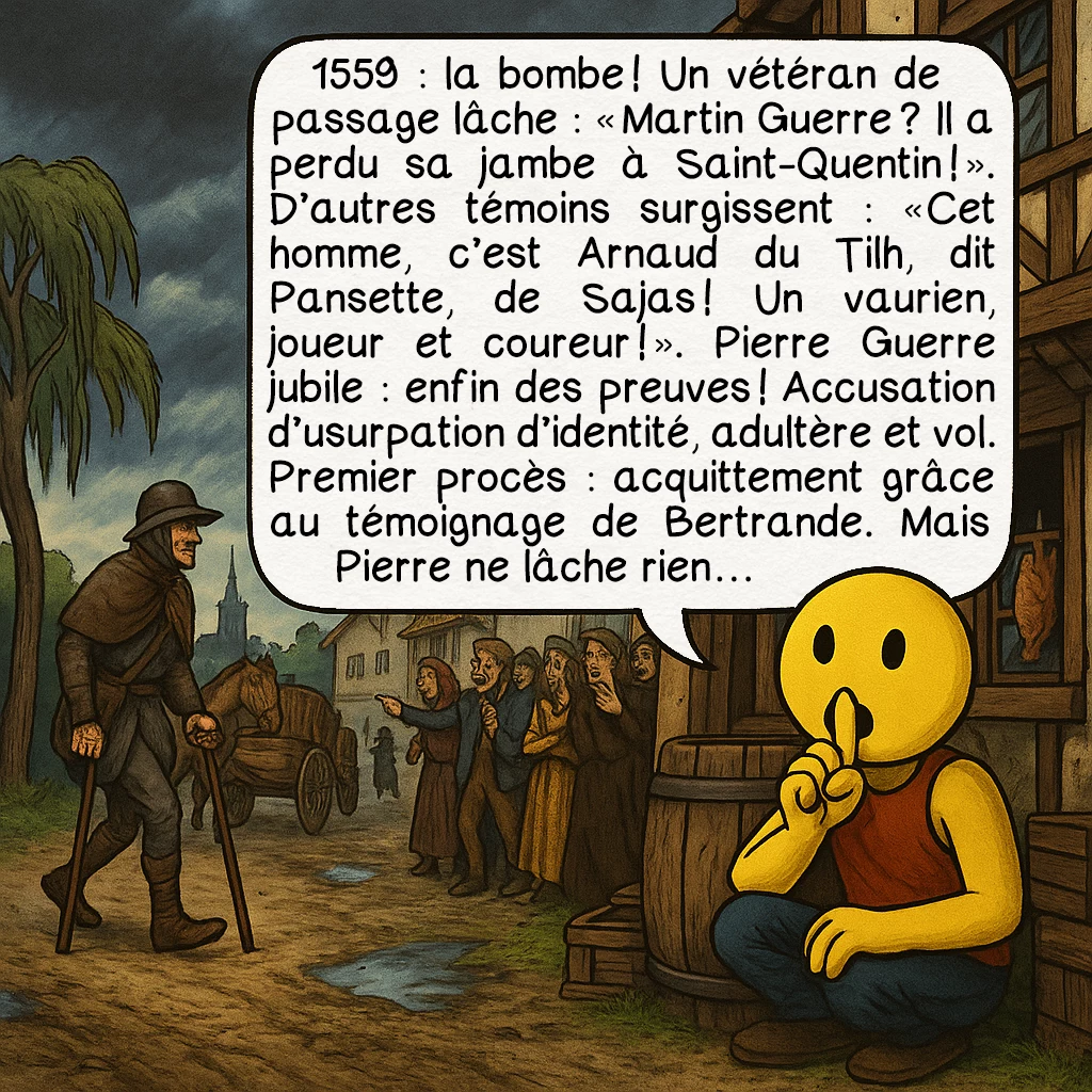 L’affaire Martin Guerre, case 4 : 1559 : la bombe ! Un vétéran de passage lâche : « Martin Guerre ? Il a perdu sa jambe à Saint-Quentin ! » D’autres témoins surgissent : « Cet homme, c’est Arnaud du Tilh, dit Pansette, de Sajas ! Un vaurien, joueur et coureur ! » Pierre Guerre jubile : enfin des preuves ! Accusation d’usurpation d’identité, adultère et vol. Premier procès : acquittement grâce au témoignage de Bertrande. Mais Pierre ne lâche rien…