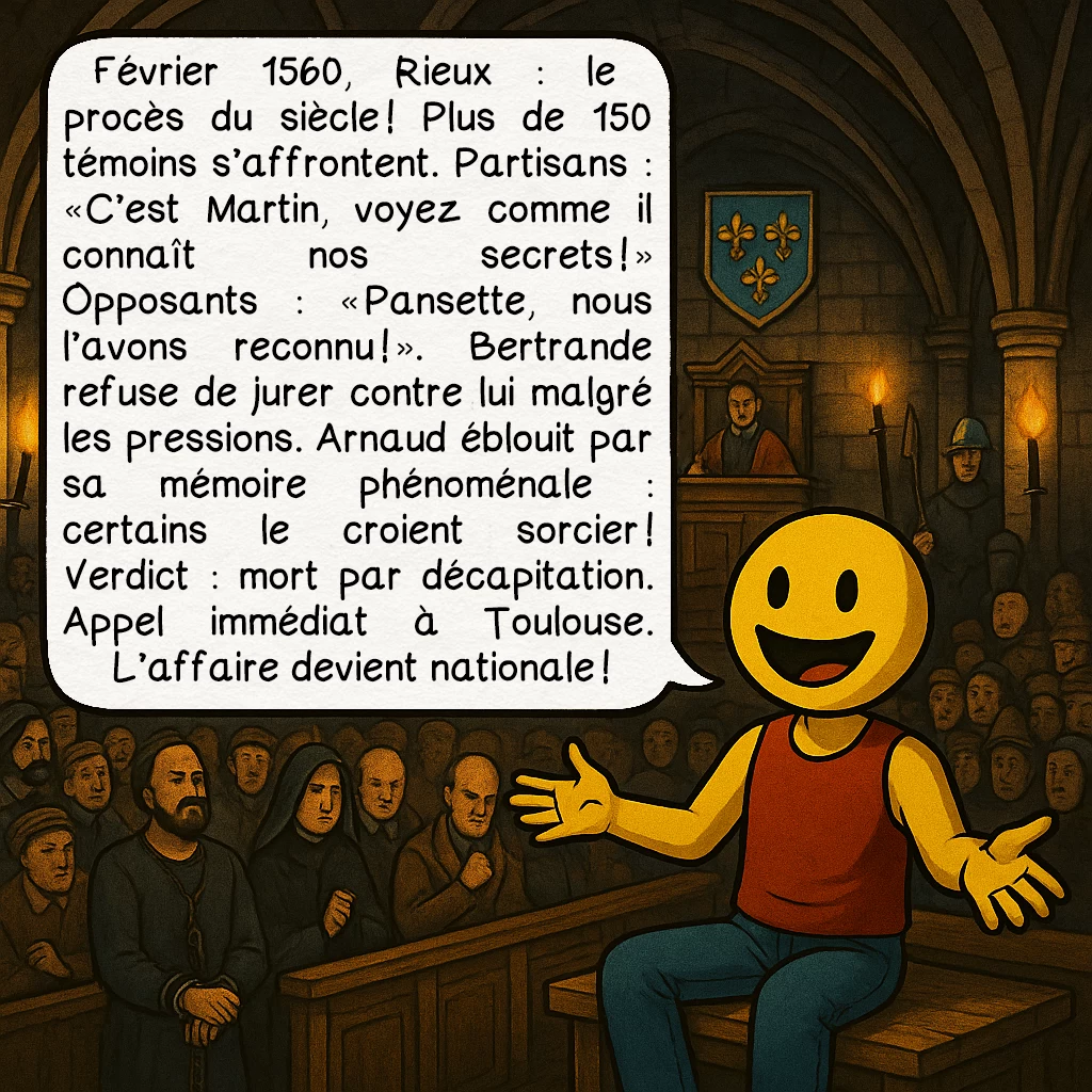 L’affaire Martin Guerre, case 5 : Février 1560, Rieux : le procès du siècle ! Plus de 150 témoins s’affrontent. Partisans : « C’est Martin, voyez comme il connaît nos secrets ! » Opposants : « Pansette, nous l’avons reconnu ! » Bertrande refuse de jurer contre lui malgré les pressions. Arnaud éblouit par sa mémoire phénoménale — certains le croient sorcier ! Verdict : mort par décapitation. Appel immédiat à Toulouse. L’affaire devient nationale !