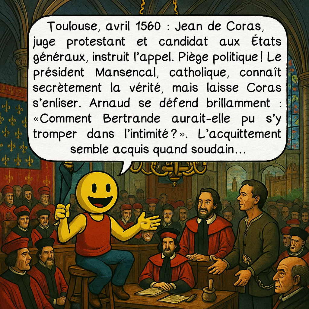 L’affaire Martin Guerre, case 6 : Toulouse, avril 1560 : Jean de Coras, juge protestant et candidat aux États généraux, instruit l’appel. Piège politique ! Le président Mansencal, catholique, connaît secrètement la vérité, mais laisse Coras s’enliser. Arnaud se défend brillamment : « Comment Bertrande aurait-elle pu s’y tromper dans l’intimité ? » L’acquittement semble acquis quand soudain…