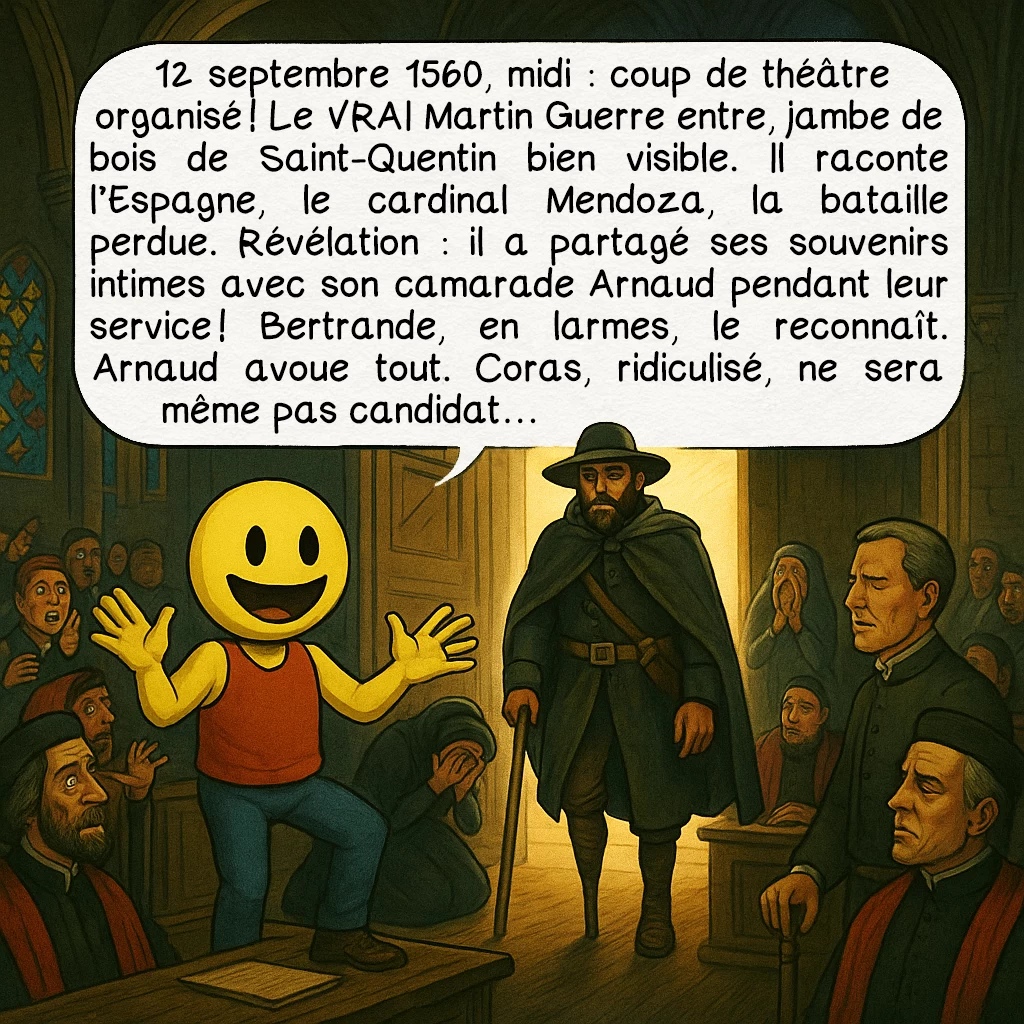 L’affaire Martin Guerre, case 7 : 12 septembre 1560, midi : coup de théâtre organisé ! Le VRAI Martin Guerre entre, jambe de bois de Saint-Quentin bien visible. Il raconte l’Espagne, le cardinal Mendoza, la bataille perdue. Révélation : il a partagé ses souvenirs intimes avec son camarade Arnaud pendant leur service ! Bertrande, en larmes, le reconnaît. Arnaud avoue tout. Coras, ridiculisé, ne sera même pas candidat…