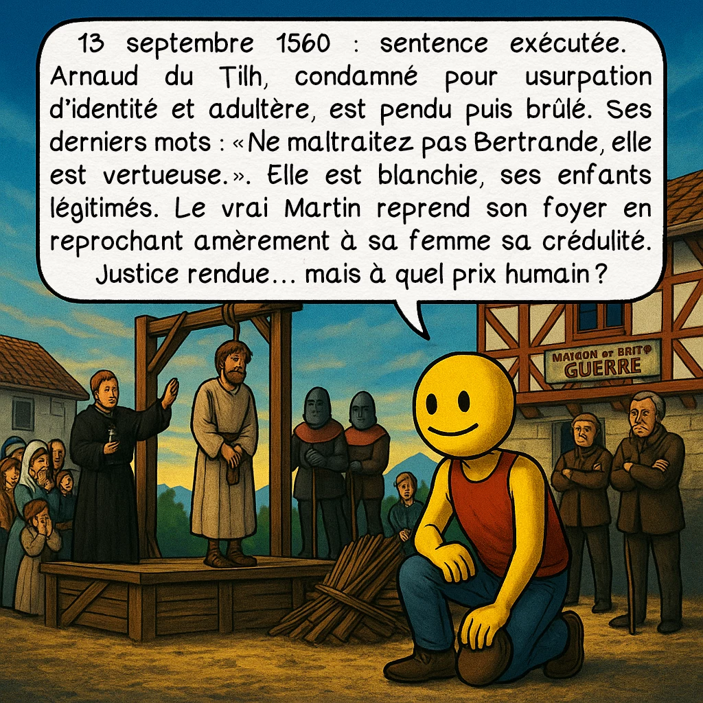 L’affaire Martin Guerre, case 8 : 13 septembre 1560 : sentence exécutée. Arnaud du Tilh, condamné pour usurpation d’identité et adultère, est pendu puis brûlé. Ses derniers mots : « Ne maltraitez pas Bertrande, elle est vertueuse. » Elle est blanchie, ses enfants légitimés. Le vrai Martin reprend son foyer en reprochant amèrement à sa femme sa crédulité. Justice rendue… mais à quel prix humain ?