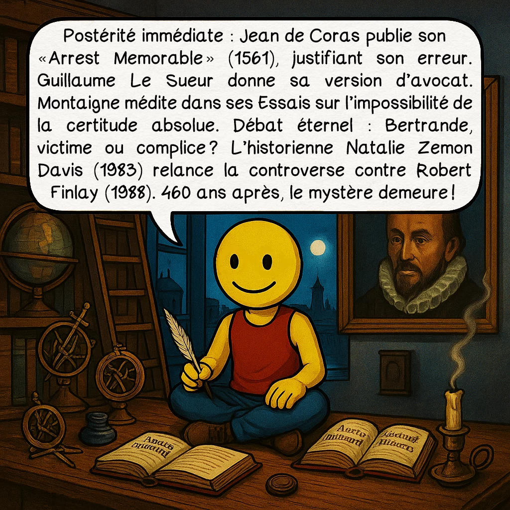 L’affaire Martin Guerre, case 9 : Postérité immédiate : Jean de Coras publie son « Arrest Memorable » (1561), justifiant son erreur. Guillaume Le Sueur donne sa version d’avocat. Montaigne médite dans ses Essais sur l’impossibilité de la certitude absolue. Débat éternel : Bertrande, victime ou complice ? L’historienne Natalie Zemon Davis (1983) relance la controverse contre Robert Finlay (1988). 460 ans après, le mystère demeure !