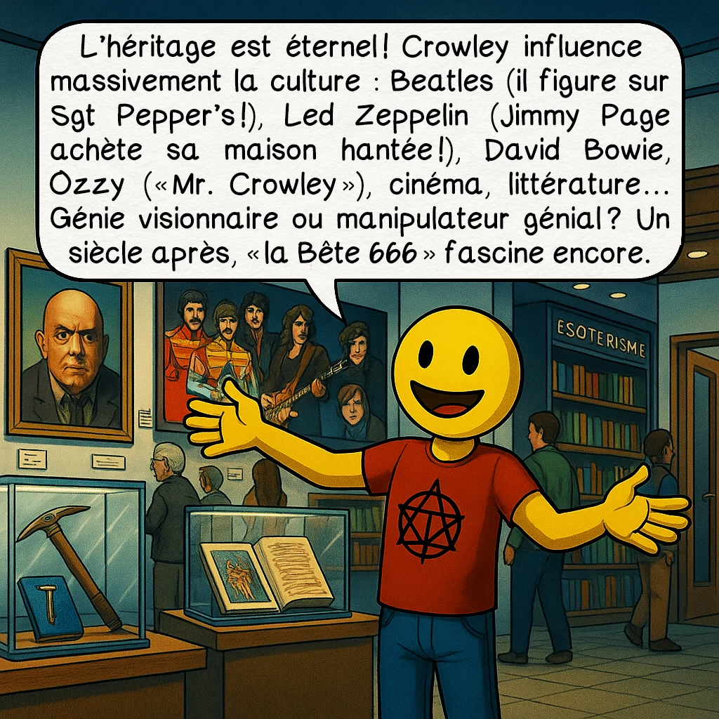 Alister Crawley, case 10 : L’héritage est éternel ! Crowley influence massivement la culture : Beatles (il figure sur Sgt Pepper’s !), Led Zeppelin (Jimmy Page achète sa maison hantée !), David Bowie, Ozzy (« Mr. Crowley »), cinéma, littérature… Génie visionnaire ou manipulateur génial ? Un siècle après, « la Bête 666 » fascine encore.