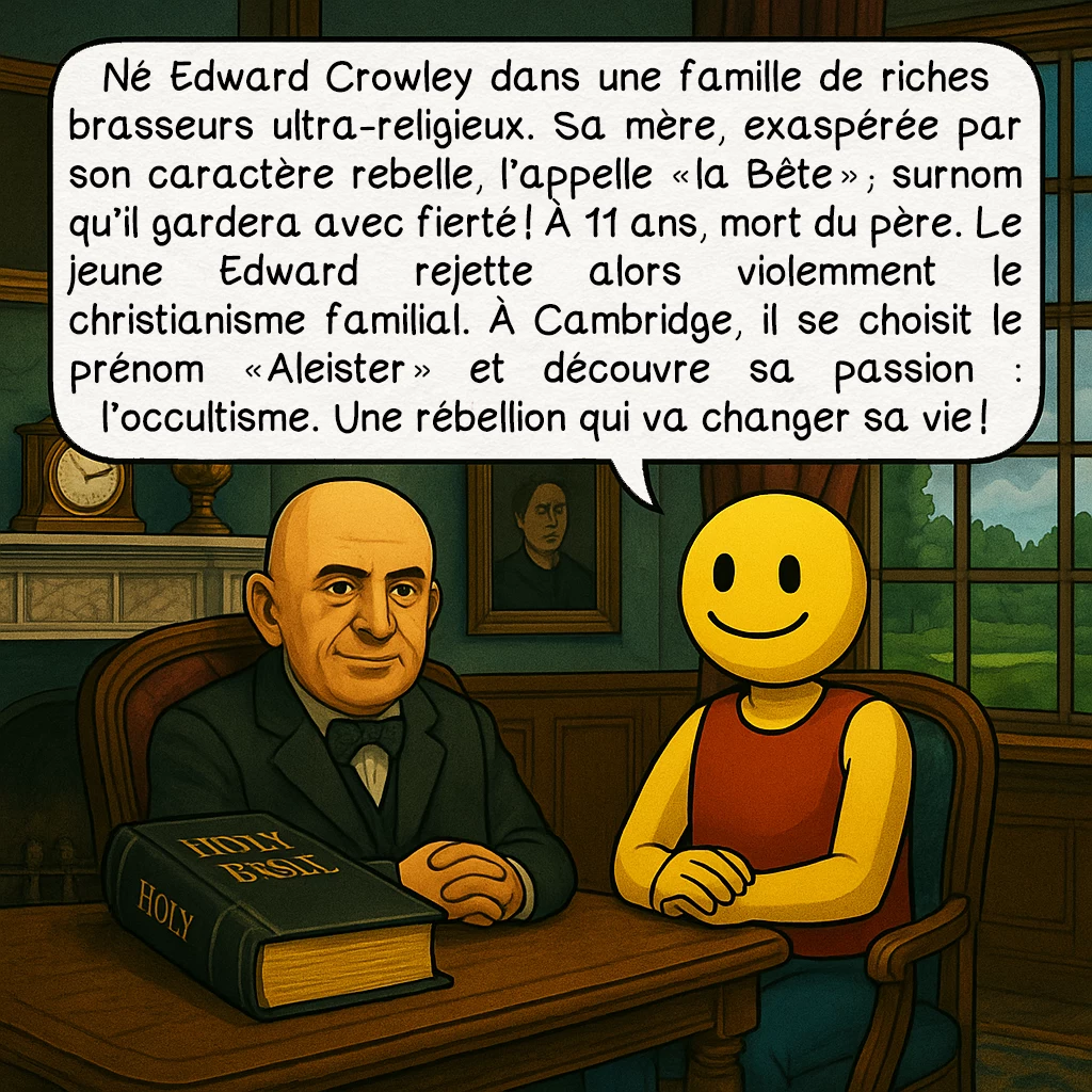 Alister Crawley, case 2 : Né Edward Crowley dans une famille de riches brasseurs ultra-religieux. Sa mère, exaspérée par son caractère rebelle, l’appelle « la Bête » ; surnom qu’il gardera avec fierté ! À 11 ans, mort du père. Le jeune Edward rejette alors violemment le christianisme familial. À Cambridge, il se choisit le prénom « Aleister » et découvre sa passion : l’occultisme. Une rébellion qui va changer sa vie !