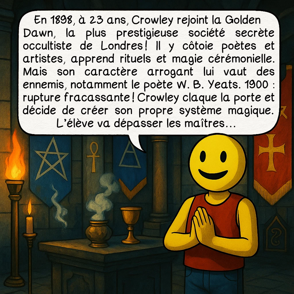 Alister Crawley, case 3 : En 1898, à 23 ans, Crowley rejoint la Golden Dawn, la plus prestigieuse société secrète occultiste de Londres ! Il y côtoie poètes et artistes, apprend rituels et magie cérémonielle. Mais son caractère arrogant lui vaut des ennemis, notamment le poète W. B. Yeats. 1900 : rupture fracassante ! Crowley claque la porte et décide de créer son propre système magique. L’élève va dépasser les maîtres…