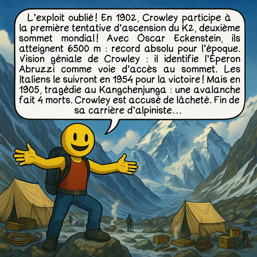 Alister Crawley, case 4 : L’exploit oublié ! En 1902, Crowley participe à la première tentative d’ascension du K2, deuxième sommet mondial ! Avec Oscar Eckenstein, ils atteignent 6500 m : record absolu pour l’époque. Vision géniale de Crowley : il identifie l’Éperon Abruzzi comme voie d’accès au sommet. Les Italiens le suivront en 1954 pour la victoire ! Mais en 1905, tragédie au Kangchenjunga : une avalanche fait 4 morts. Crowley est accusé de lâcheté. Fin de sa carrière d’alpiniste…