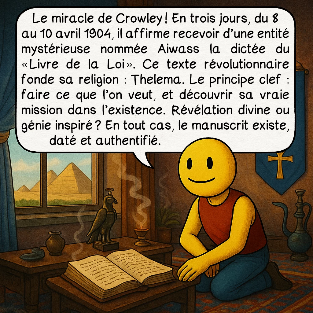 Alister Crawley, case 5 : Le miracle de Crowley ! En trois jours, du 8 au 10 avril 1904, il affirme recevoir d’une entité mystérieuse nommée Aiwass la dictée du « Livre de la Loi ». Ce texte révolutionnaire fonde sa religion : Thelema. Le principe clef : faire ce que l’on veut, et découvrir sa vraie mission dans l’existence. Révélation divine ou génie inspiré ? En tout cas, le manuscrit existe, daté et authentifié.