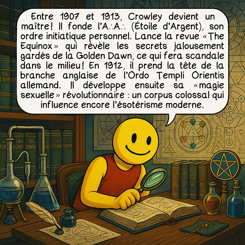 Alister Crawley, case 6 : Entre 1907 et 1913, Crowley devient un maître ! Il fonde l’A∴A∴ (Étoile d’Argent), son ordre initiatique personnel. Lance la revue « The Equinox » qui révèle les secrets jalousement gardés de la Golden Dawn, ce qui fera scandale dans le milieu ! En 1912, il prend la tête de la branche anglaise de l’Ordo Templi Orientis allemand. Il développe ensuite sa « magie sexuelle » révolutionnaire : un corpus colossal qui influence encore l’ésotérisme moderne.