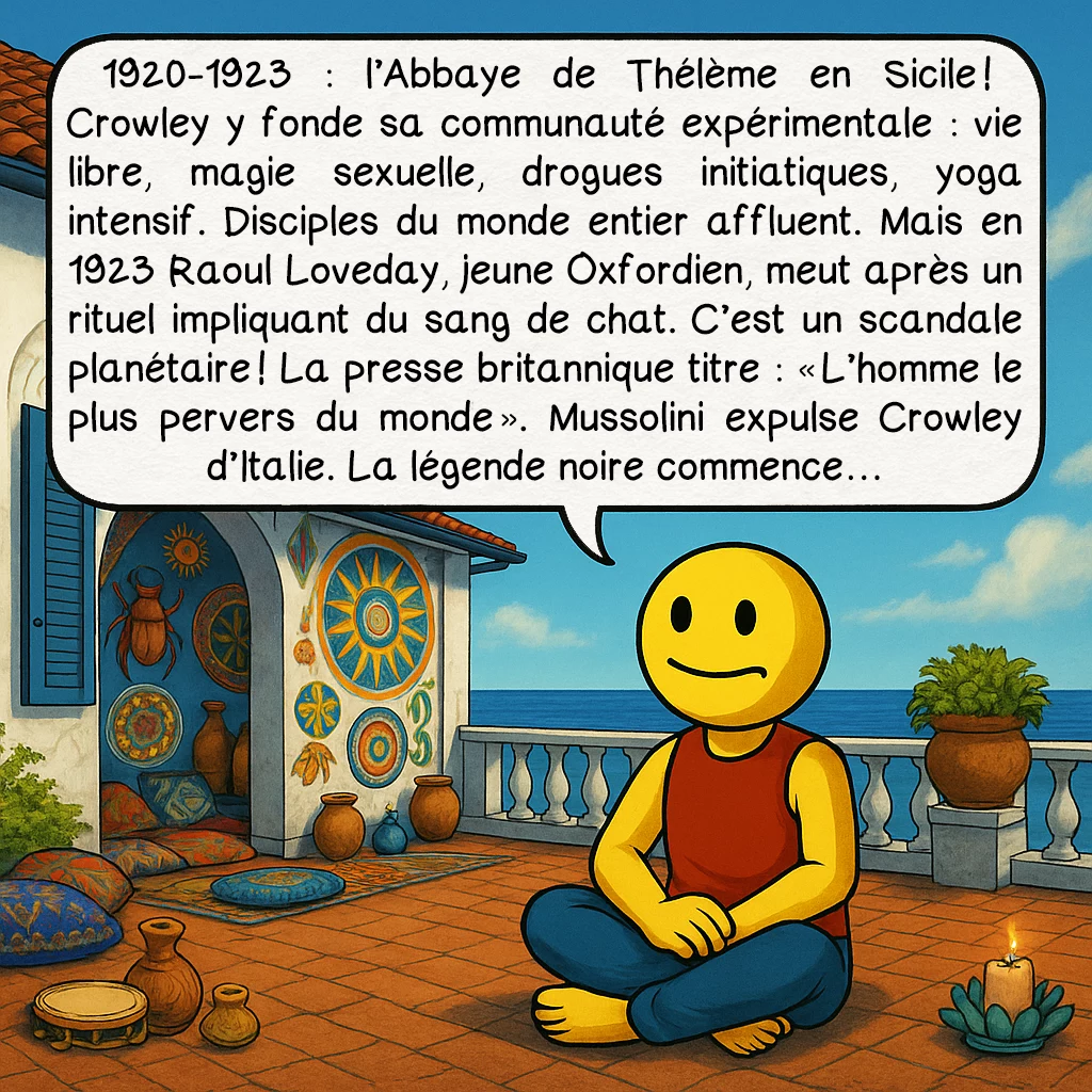 Alister Crawley, case 7 : 1920-1923 : l’Abbaye de Thélème en Sicile ! Crowley y fonde sa communauté expérimentale : vie libre, magie sexuelle, drogues initiatiques, yoga intensif. Disciples du monde entier affluent. Mais en 1923 Raoul Loveday, jeune Oxfordien, meut après un rituel impliquant du sang de chat. C’est un scandale planétaire ! La presse britannique titre : « L’homme le plus pervers du monde ». Mussolini expulse Crowley d’Italie. La légende noire commence…