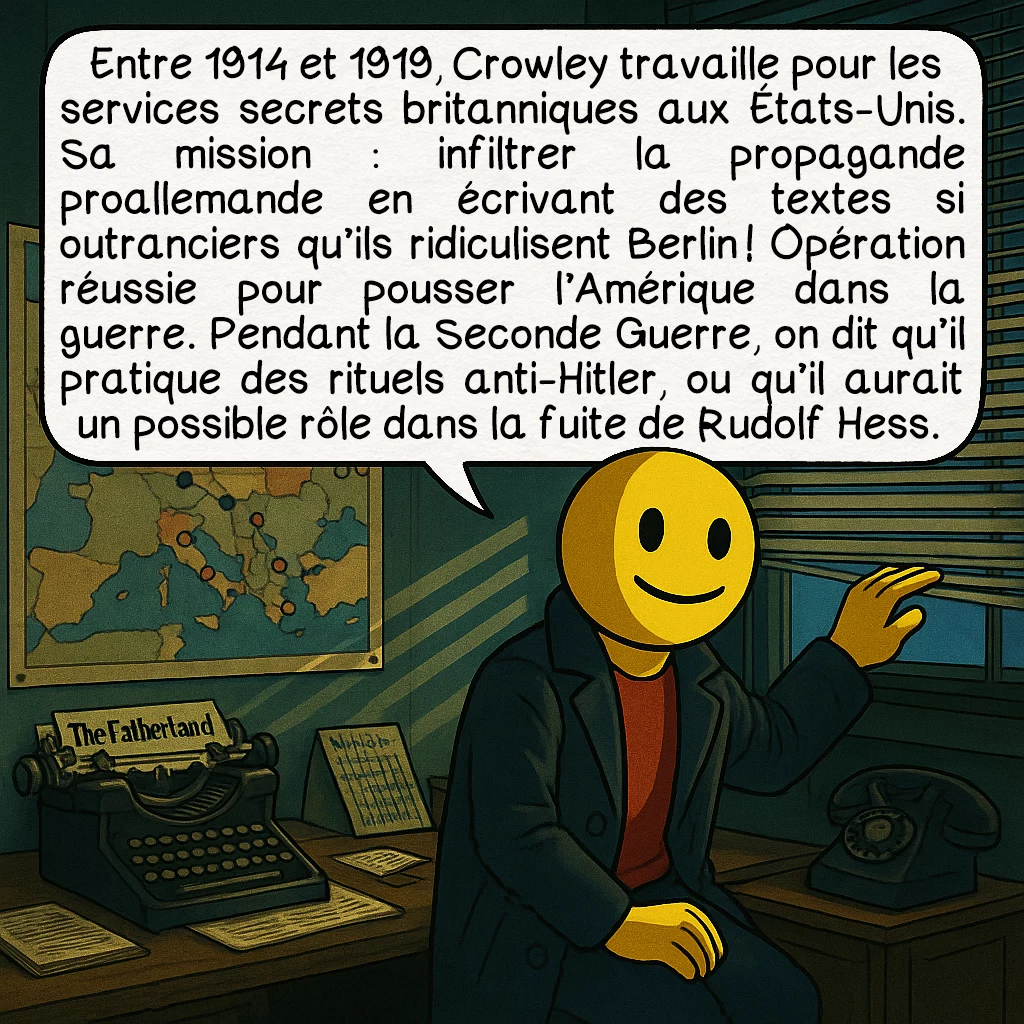 Alister Crawley, case 8 : Entre 1914 et 1919, Crowley travaille pour les services secrets britanniques aux États-Unis. Sa mission : infiltrer la propagande proallemande en écrivant des textes si outranciers qu’ils ridiculisent Berlin ! Opération réussie pour pousser l’Amérique dans la guerre. Pendant la Seconde Guerre, on dit qu’il pratique des rituels anti-Hitler, ou qu’il aurait un possible rôle dans la fuite de Rudolf Hess.