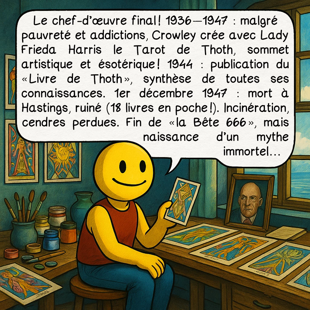 Alister Crawley, case 9 : Le chef-d’œuvre final ! 1936—1947 : malgré pauvreté et addictions, Crowley crée avec Lady Frieda Harris le Tarot de Thoth, sommet artistique et ésotérique ! 1944 : publication du « Livre de Thoth », synthèse de toutes ses connaissances. 1er décembre 1947 : mort à Hastings, ruiné (18 livres en poche !). Incinération, cendres perdues. Fin de « la Bête 666 », mais naissance d’un mythe immortel…