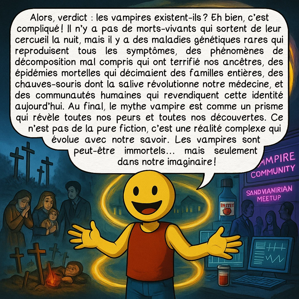 Les vampires, case 10 : — CONCLUSION : MYTHE OU RÉALITÉ ?
Alors, verdict : les vampires existent-ils ? Eh bien, c’est compliqué ! Il n’y a pas de morts-vivants qui sortent de leur cercueil la nuit, mais il y a des maladies génétiques rares qui reproduisent tous les symptômes, des phénomènes de décomposition mal compris qui ont terrifié nos ancêtres, des épidémies mortelles qui décimaient des familles entières, des chauves-souris dont la salive révolutionne notre médecine, et des communautés humaines qui revendiquent cette identité aujourd’hui. Au final, le mythe vampire est comme un prisme qui révèle toutes nos peurs et toutes nos découvertes. Ce n’est pas de la pure fiction, c’est une réalité complexe qui évolue avec notre savoir. Les vampires sont peut-être immortels… mais seulement dans notre imaginaire !
