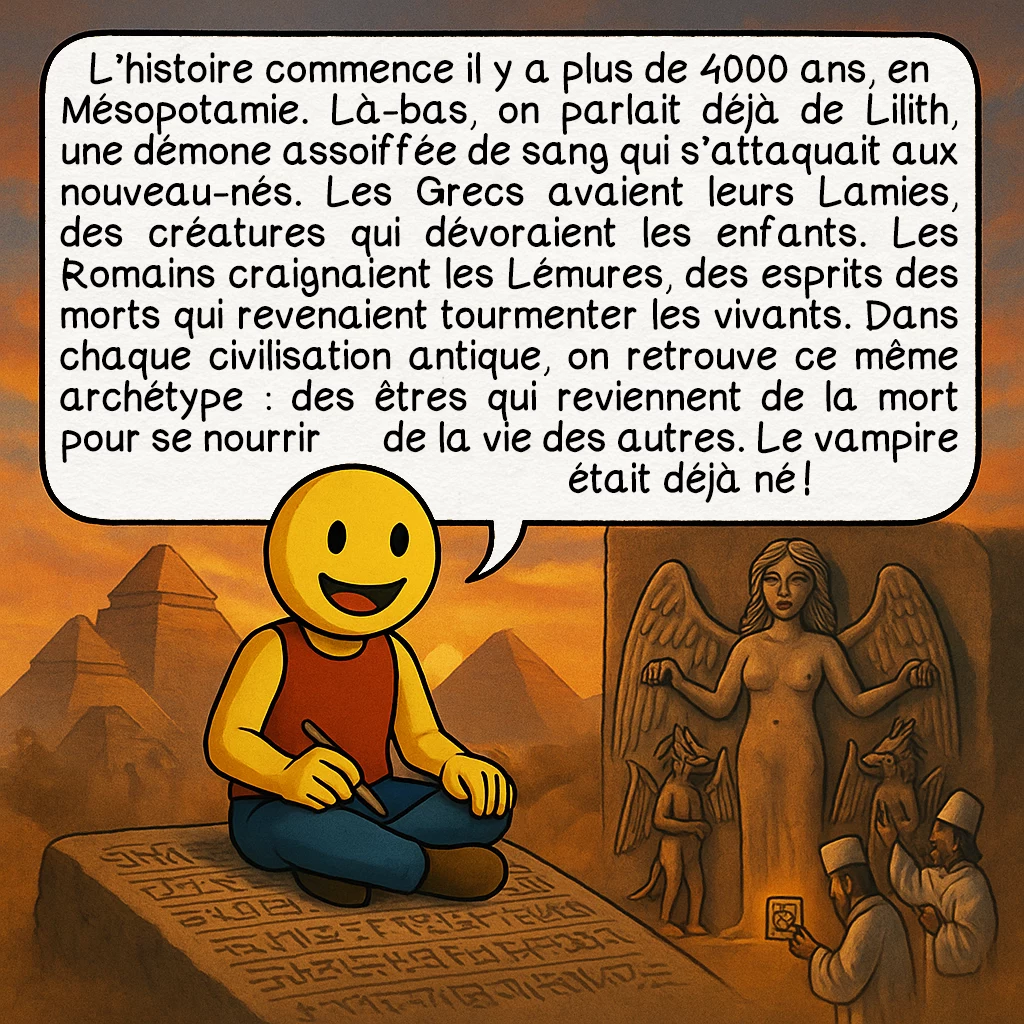 Les vampires, case 2 : — ORIGINES ANTIQUES
L’histoire commence il y a plus de 4000 ans, en Mésopotamie. Là-bas, on parlait déjà de Lilith, une démone assoiffée de sang qui s’attaquait aux nouveau-nés. Les Grecs avaient leurs Lamies, des créatures qui dévoraient les enfants. Les Romains craignaient les Lémures, des esprits des morts qui revenaient tourmenter les vivants. Dans chaque civilisation antique, on retrouve ce même archétype : des êtres qui reviennent de la mort pour se nourrir de la vie des autres. Le vampire était déjà né !