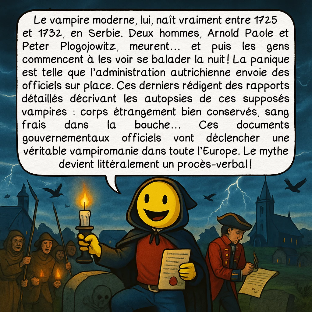Les vampires, case 3 : — NAISSANCE DU MYTHE MODERNE
Le vampire moderne, lui, naît vraiment entre 1725 et 1732, en Serbie. Deux hommes, Arnold Paole et Peter Plogojowitz, meurent… et puis les gens commencent à les voir se balader la nuit ! La panique est telle que l’administration autrichienne envoie des officiels sur place. Ces derniers rédigent des rapports détaillés décrivant les autopsies de ces supposés vampires : corps étrangement bien conservés, sang frais dans la bouche… Ces documents gouvernementaux officiels vont déclencher une véritable vampiromanie dans toute l’Europe. Le mythe devient littéralement un procès-verbal !