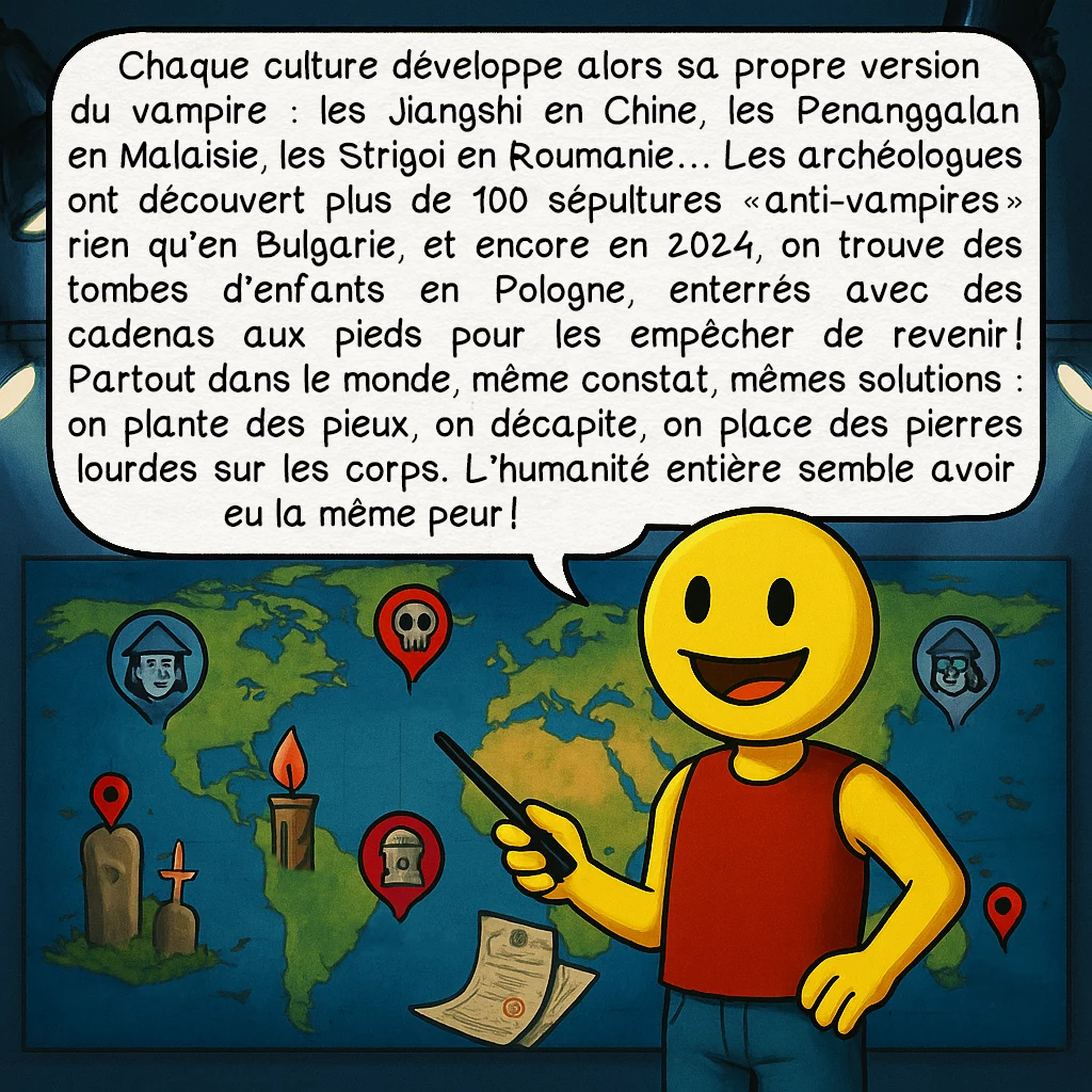 Les vampires, case 4 : — EXPANSION MONDIALE
Chaque culture développe alors sa propre version du vampire : les Jiangshi en Chine, les Penanggalan en Malaisie, les Strigoi en Roumanie… Les archéologues ont découvert plus de 100 sépultures « anti-vampires » rien qu’en Bulgarie, et encore en 2024, on trouve des tombes d’enfants en Pologne, enterrés avec des cadenas aux pieds pour les empêcher de revenir ! Partout dans le monde, même constat, mêmes solutions : on plante des pieux, on décapite, on place des pierres lourdes sur les corps. L’humanité entière semble avoir eu la même peur !