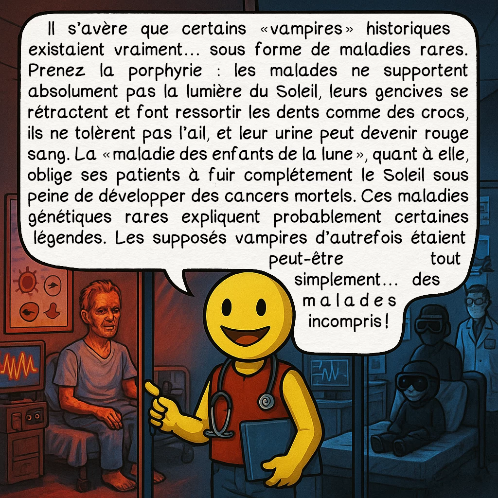 Les vampires, case 5 : — BASES RÉELLES : MALADIES
Il s’avère que certains « vampires » historiques existaient vraiment… sous forme de maladies rares. Prenez la porphyrie : les malades ne supportent absolument pas la lumière du Soleil, leurs gencives se rétractent et font ressortir les dents comme des crocs, ils ne tolèrent pas l’ail, et leur urine peut devenir rouge sang. La « maladie des enfants de la lune », quant à elle, oblige ses patients à fuir complétement le Soleil sous peine de développer des cancers mortels. Ces maladies génétiques rares expliquent probablement certaines légendes. Les supposés vampires d’autrefois étaient peut-être tout simplement… des malades incompris !