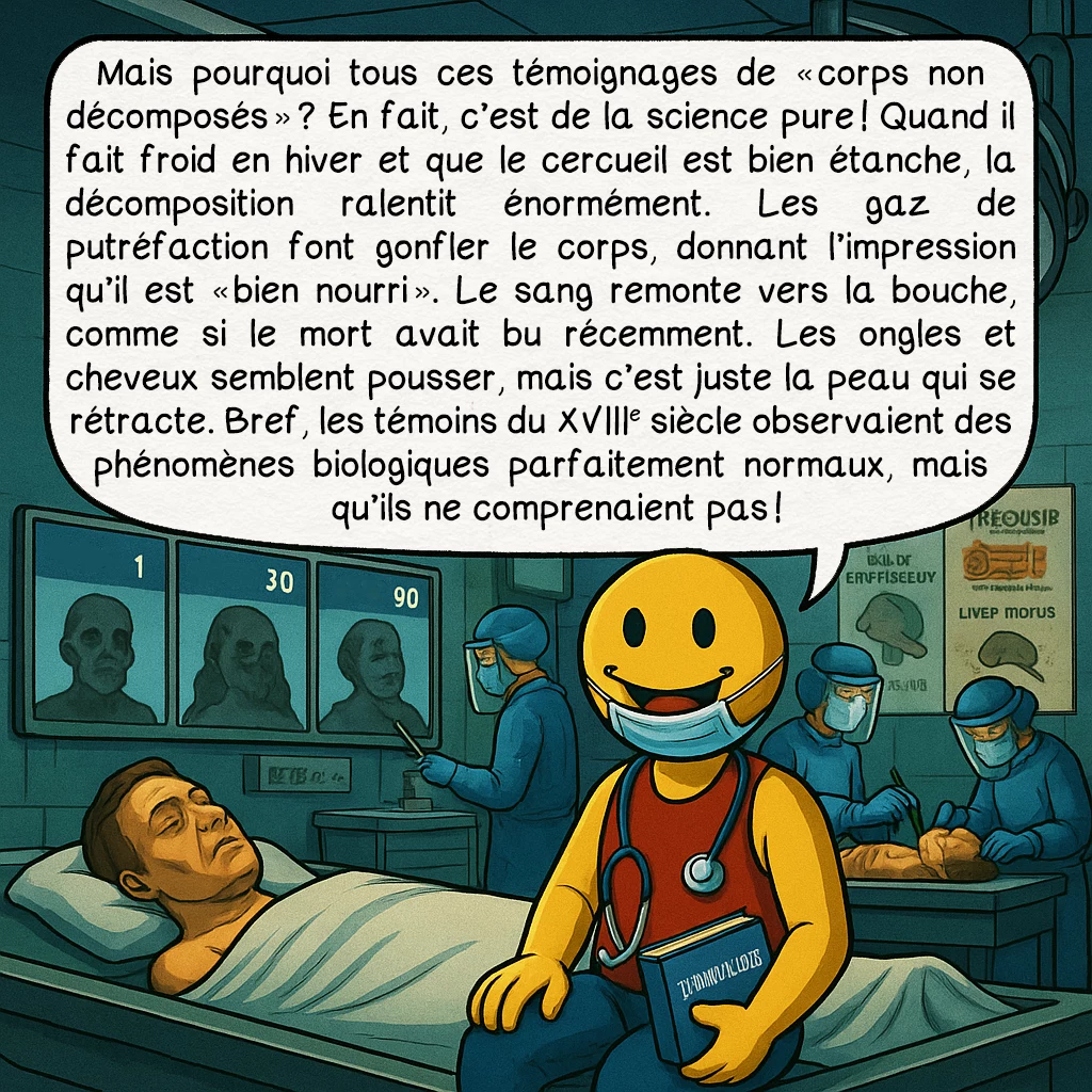 Les vampires, case 6 : — BASES RÉELLES : DÉCOMPOSITION
Mais pourquoi tous ces témoignages de « corps non décomposés » ? En fait, c’est de la science pure ! Quand il fait froid en hiver et que le cercueil est bien étanche, la décomposition ralentit énormément. Les gaz de putréfaction font gonfler le corps, donnant l’impression qu’il est « bien nourri ». Le sang remonte vers la bouche, comme si le mort avait bu récemment. Les ongles et cheveux semblent pousser, mais c’est juste la peau qui se rétracte. Bref, les témoins du XVIIIe siècle observaient des phénomènes biologiques parfaitement normaux, mais qu’ils ne comprenaient pas !