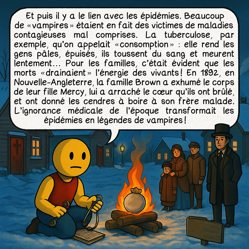Les vampires, case 7 : — BASES RÉELLES : ÉPIDÉMIES
Et puis il y a le lien avec les épidémies. Beaucoup de « vampires » étaient en fait des victimes de maladies contagieuses mal comprises. La tuberculose, par exemple, qu’on appelait « consomption » : elle rend les gens pâles, épuisés, ils toussent du sang et meurent lentement… Pour les familles, c’était évident que les morts « drainaient » l’énergie des vivants ! En 1892, en Nouvelle-Angleterre, la famille Brown a exhumé le corps de leur fille Mercy, lui a arraché le cœur qu’ils ont brûlé, et ont donné les cendres à boire à son frère malade. L’ignorance médicale de l’époque transformait les épidémies en légendes de vampires !