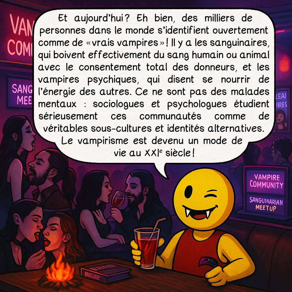 Les vampires, case 9 : — VAMPIRES HUMAINS MODERNES
Et aujourd’hui ? Eh bien, des milliers de personnes dans le monde s’identifient ouvertement comme de « vrais vampires » ! Il y a les sanguinaires, qui boivent effectivement du sang humain ou animal avec le consentement total des donneurs, et les vampires psychiques, qui disent se nourrir de l’énergie des autres. Ce ne sont pas des malades mentaux : sociologues et psychologues étudient sérieusement ces communautés comme de véritables sous-cultures et identités alternatives. Le vampirisme est devenu un mode de vie au XXIe siècle !