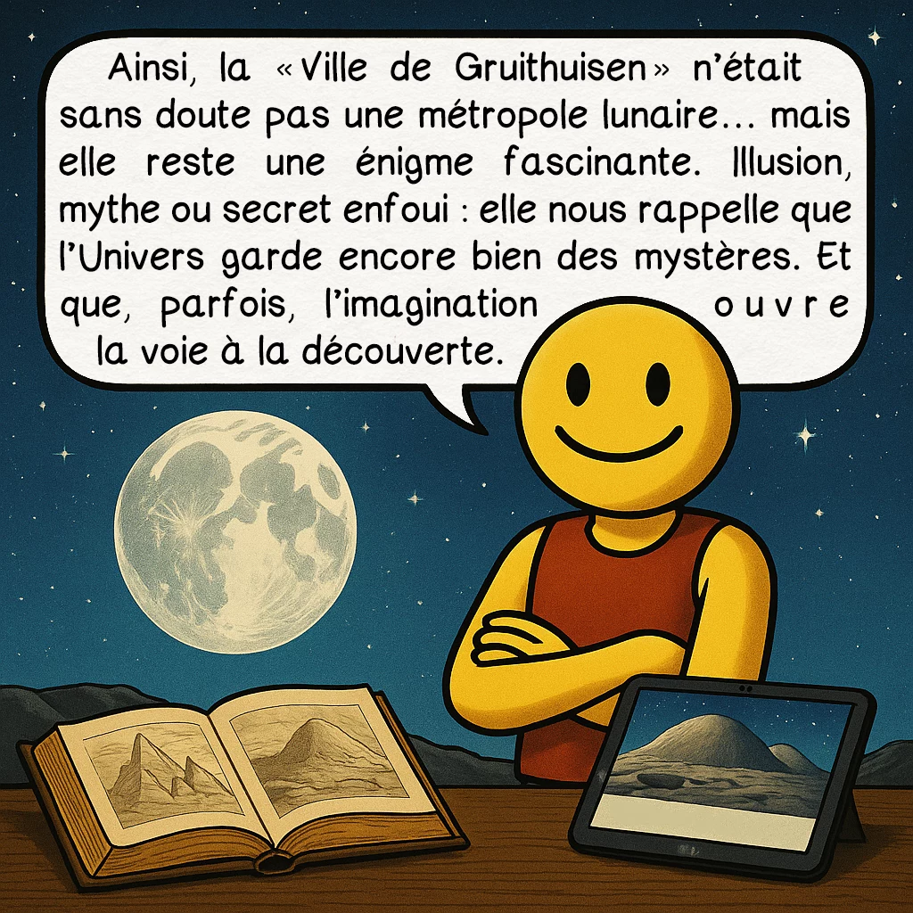 La ville de Gruithuisen, case 10 : Ainsi, la « Ville de Gruithuisen » n’était sans doute pas une métropole lunaire… mais elle reste une énigme fascinante. Illusion, mythe ou secret enfoui : elle nous rappelle que l’Univers garde encore bien des mystères. Et que, parfois, l’imagination ouvre la voie à la découverte.