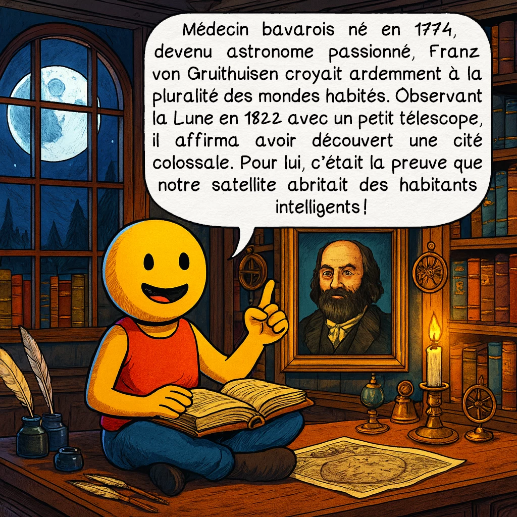 La ville de Gruithuisen, case 2 : Médecin bavarois né en 1774, devenu astronome passionné, Franz von Gruithuisen croyait ardemment à la pluralité des mondes habités. Observant la Lune en 1822 avec un petit télescope, il affirma avoir découvert une cité colossale. Pour lui, c’était la preuve que notre satellite abritait des habitants intelligents !