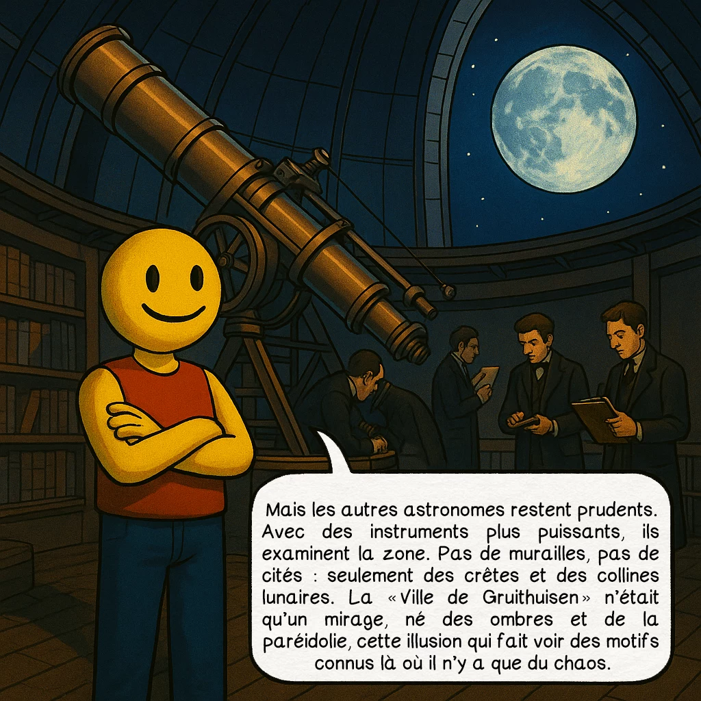 La ville de Gruithuisen, case 4 : Mais les autres astronomes restent prudents. Avec des instruments plus puissants, ils examinent la zone. Pas de murailles, pas de cités : seulement des crêtes et des collines lunaires. La « Ville de Gruithuisen » n’était qu’un mirage, né des ombres et de la paréidolie, cette illusion qui fait voir des motifs connus là où il n’y a que du chaos.