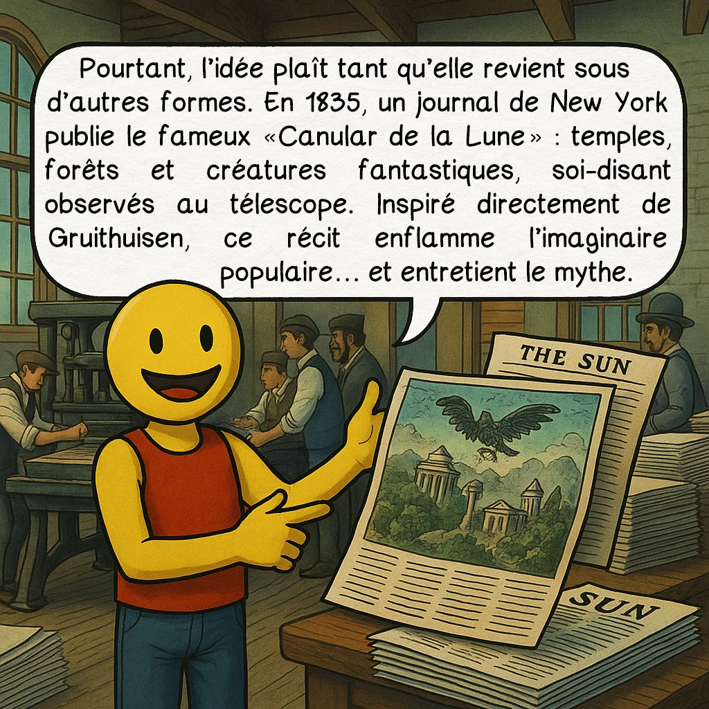 La ville de Gruithuisen, case 5 : Pourtant, l’idée plaît tant qu’elle revient sous d’autres formes. En 1835, un journal de New York publie le fameux « Canular de la Lune » : temples, forêts et créatures fantastiques, soi-disant observés au télescope. Inspiré directement de Gruithuisen, ce récit enflamme l’imaginaire populaire… et entretient le mythe.