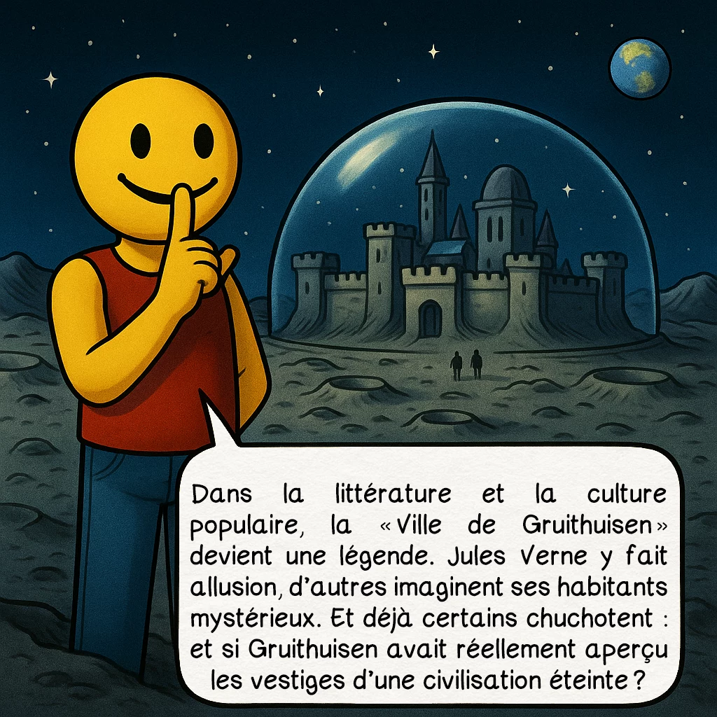 La ville de Gruithuisen, case 6 : Dans la littérature et la culture populaire, la « Ville de Gruithuisen » devient une légende. Jules Verne y fait allusion, d’autres imaginent ses habitants mystérieux. Et déjà certains chuchotent : et si Gruithuisen avait réellement aperçu les vestiges d’une civilisation éteinte ?