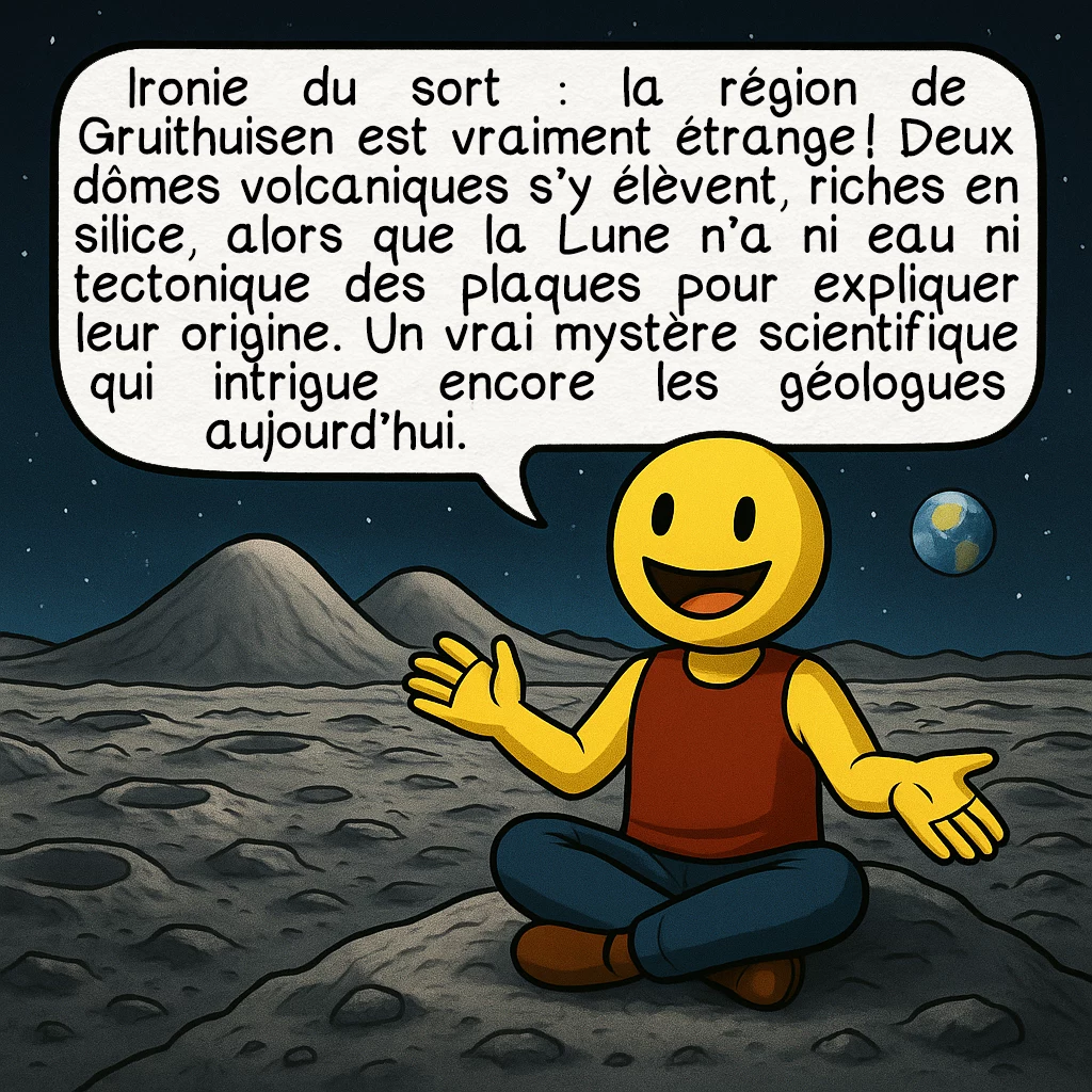 La ville de Gruithuisen, case 7 : Ironie du sort : la région de Gruithuisen est vraiment étrange ! Deux dômes volcaniques s’y élèvent, riches en silice, alors que la Lune n’a ni eau ni tectonique des plaques pour expliquer leur origine. Un vrai mystère scientifique qui intrigue encore les géologues aujourd’hui.
