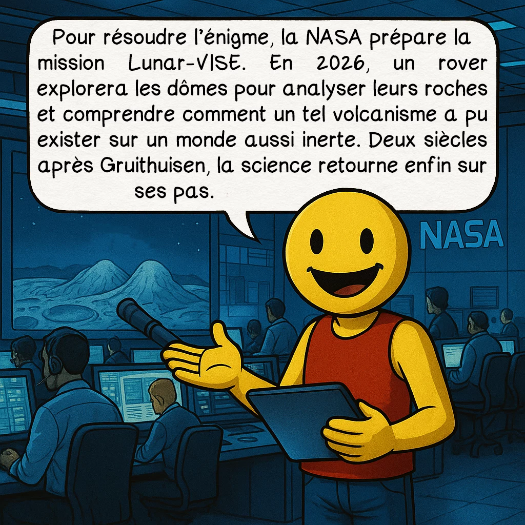 La ville de Gruithuisen, case 8 : Pour résoudre l’énigme, la NASA prépare la mission Lunar-VISE. En 2026, un rover explorera les dômes pour analyser leurs roches et comprendre comment un tel volcanisme a pu exister sur un monde aussi inerte. Deux siècles après Gruithuisen, la science retourne enfin sur ses pas.