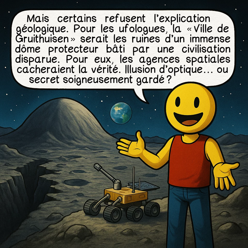 La ville de Gruithuisen, case 9 : Mais certains refusent l’explication géologique. Pour les ufologues, la « Ville de Gruithuisen » serait les ruines d’un immense dôme protecteur bâti par une civilisation disparue. Pour eux, les agences spatiales cacheraient la vérité. Illusion d’optique… ou secret soigneusement gardé ?