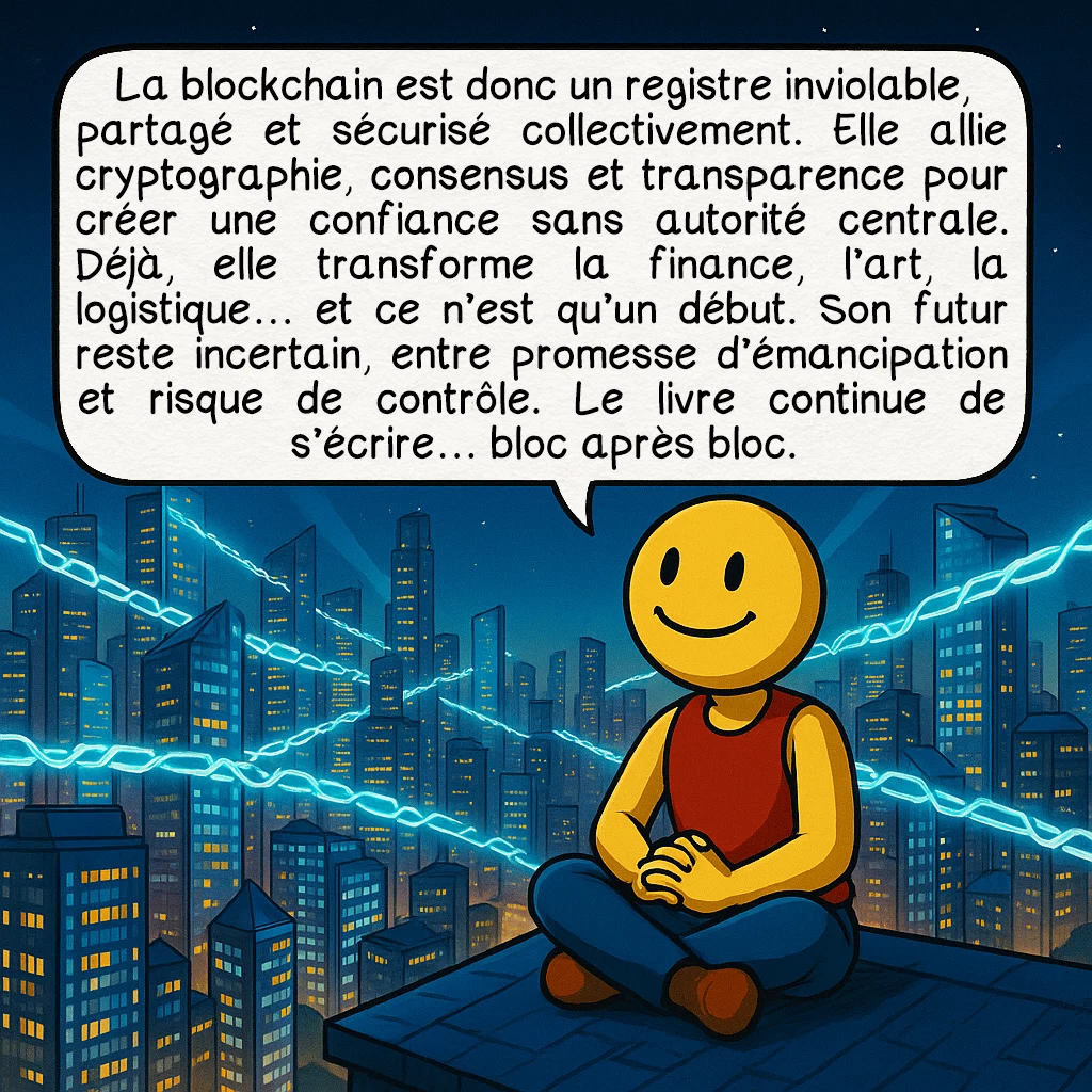 La blockchain, case 10 : La blockchain est donc un registre inviolable, partagé et sécurisé collectivement. Elle allie cryptographie, consensus et transparence pour créer une confiance sans autorité centrale. Déjà, elle transforme la finance, l’art, la logistique… et ce n’est qu’un début. Son futur reste incertain, entre promesse d’émancipation et risque de contrôle. Le livre continue de s’écrire… bloc après bloc.